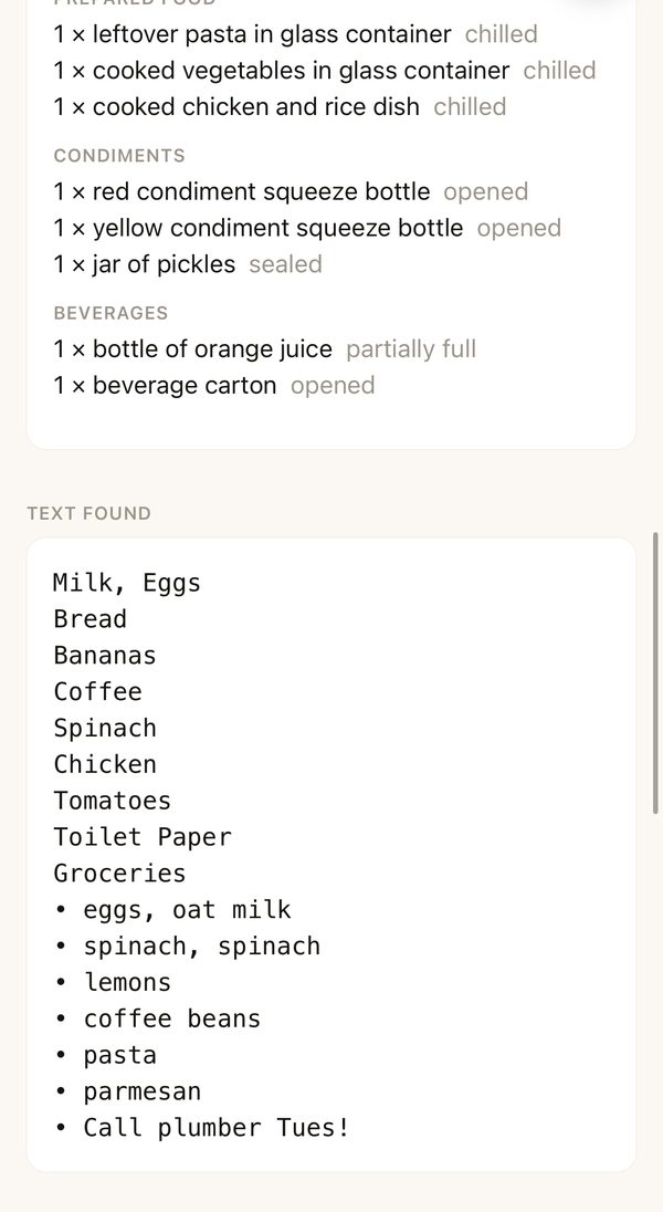 The inventory grouped by kind, with an overripe banana flagged, and the text found on two grocery lists